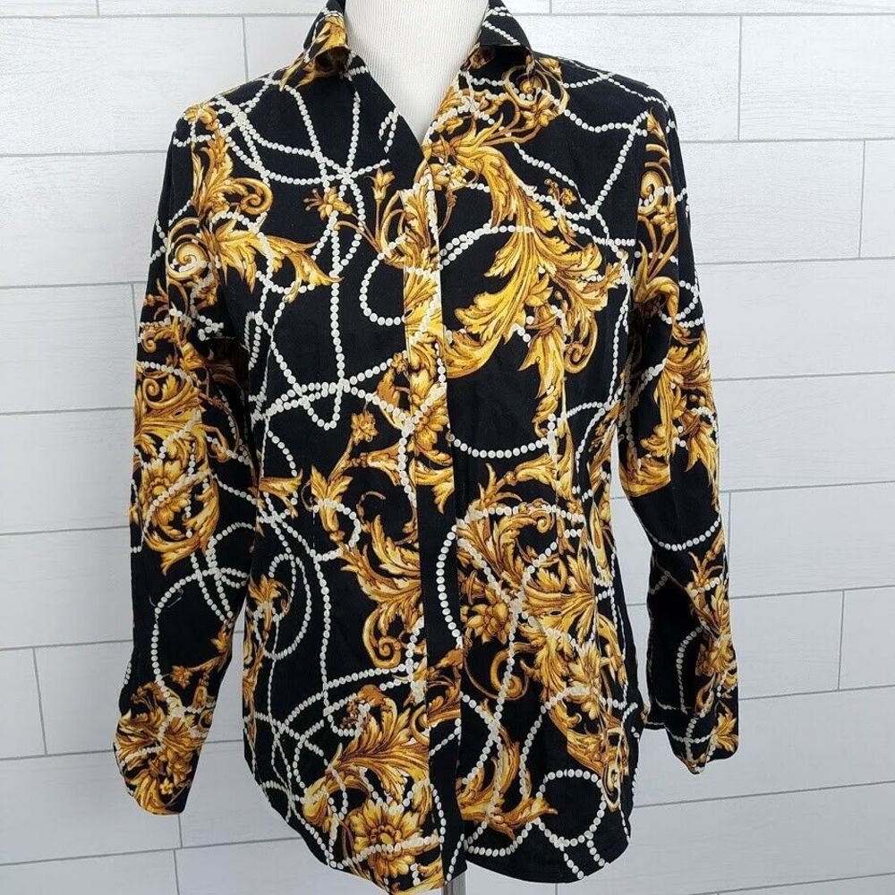 Chico's Black & Gold Baroque Pearl-Print Button-Up Blouse